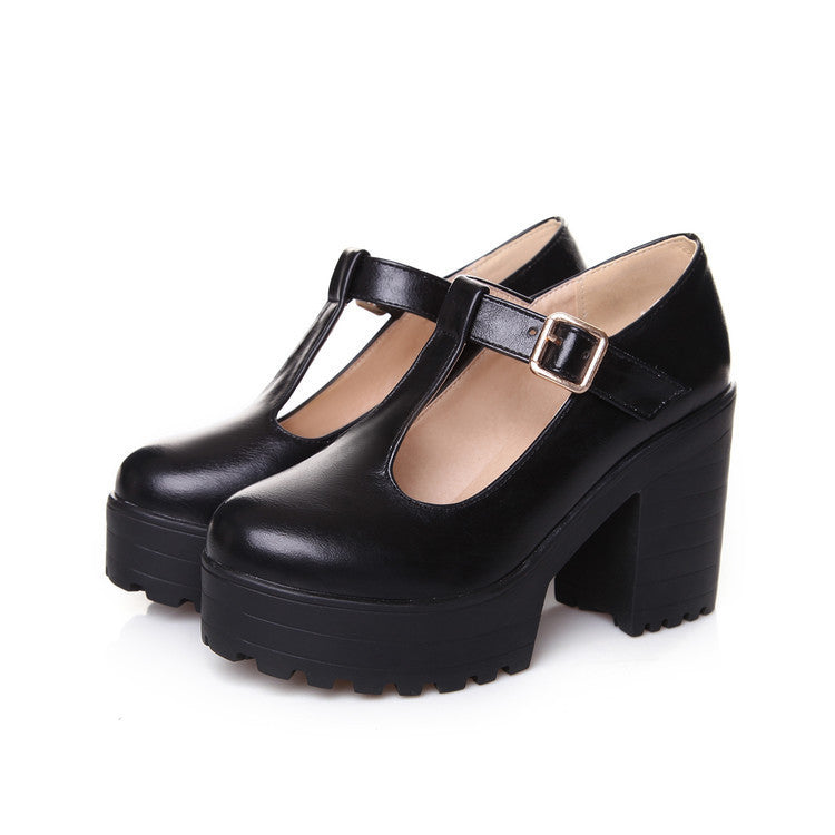 Womens Pumps Shoes Mary Jaen Block Platforms Heels T-strap