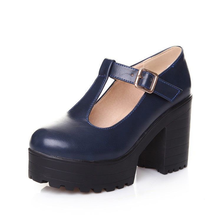 Womens Pumps Shoes Mary Jaen Block Platforms Heels T-strap
