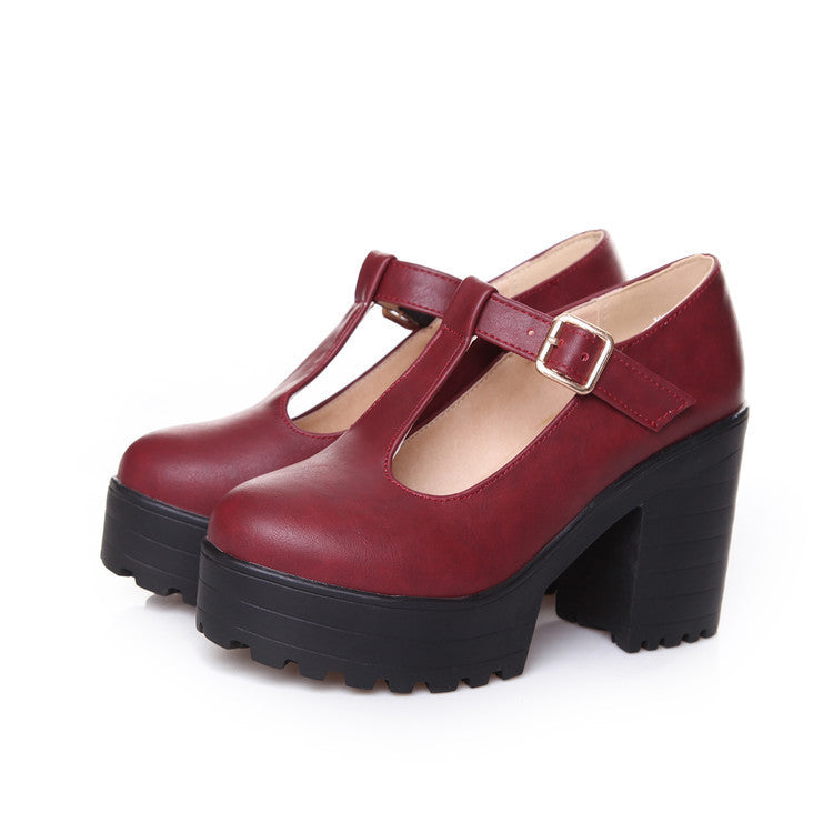 Womens Pumps Shoes Mary Jaen Block Platforms Heels T-strap
